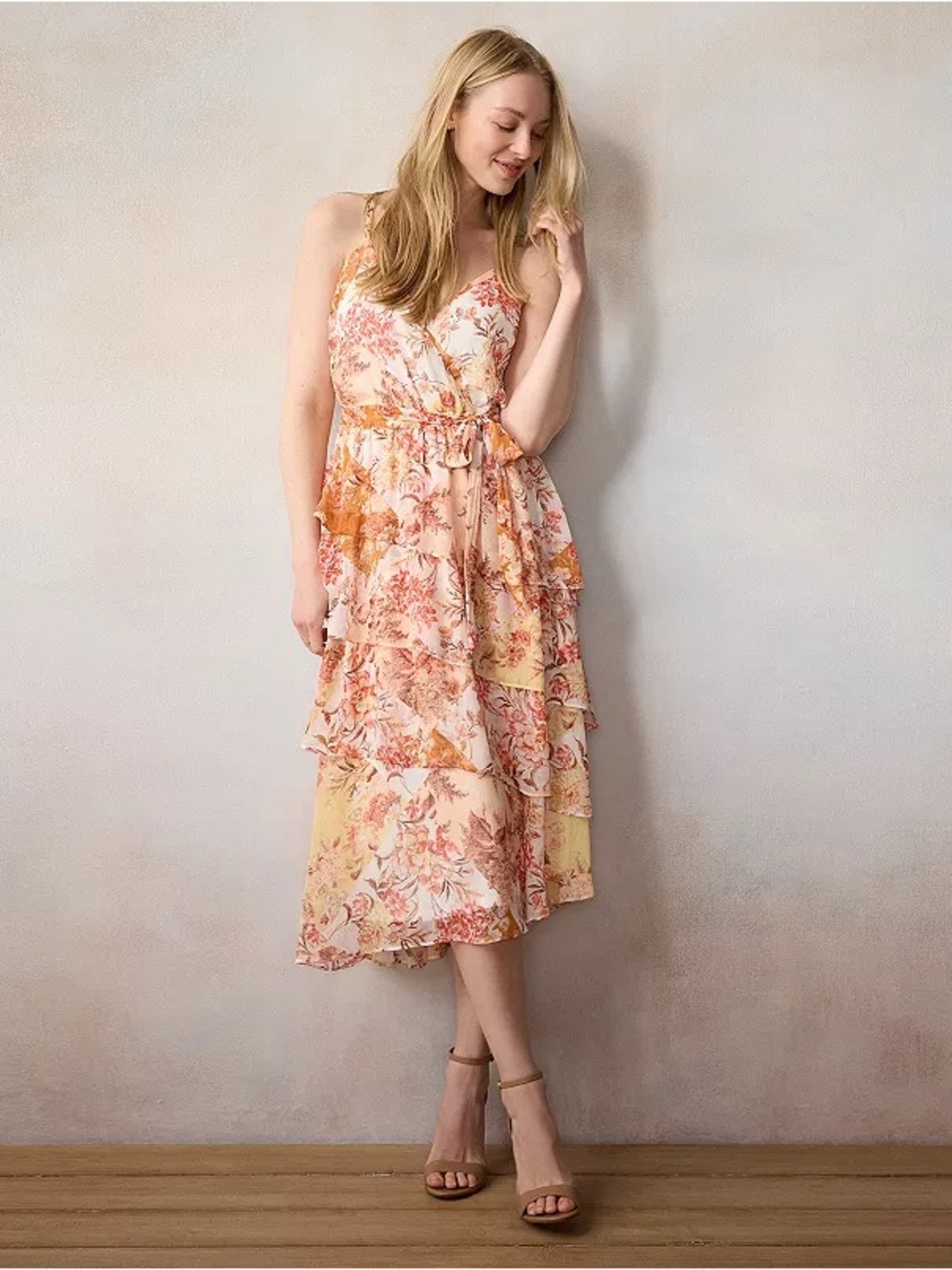 LC Lauren Conrad Floral Tiered Midi Dress in Peach-Pink